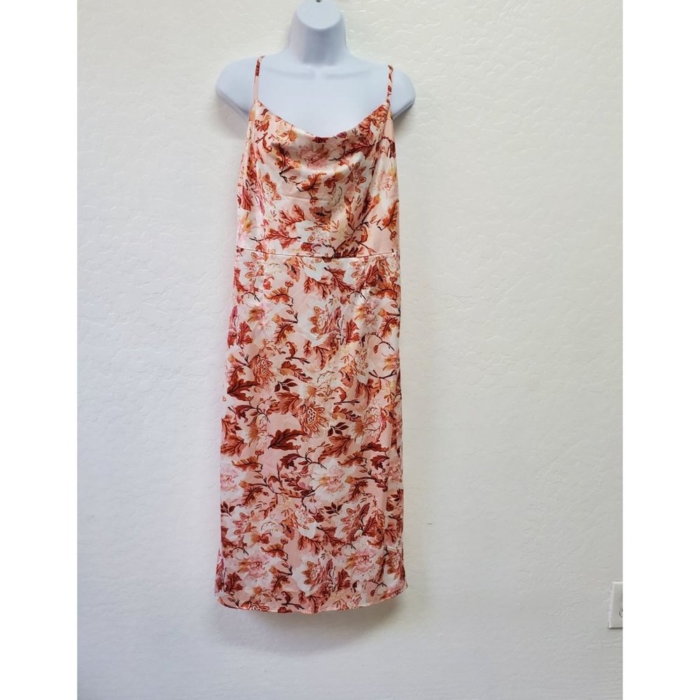 Tsher Womens M Orange Floral Print Satin Cowl Neck Spaghetti Strap Midi Dress